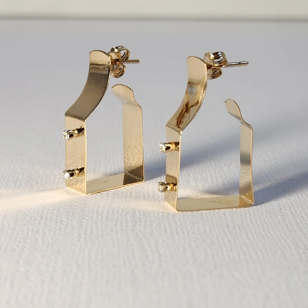 Very VTG Italian 80s 14K Gold Modernist Geometric Hoop & Diamond Earrings 3.30g - Picture 5 of 16